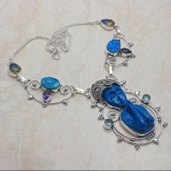 New Titanium Druzy Carved Praying Goddess 925 Silver Necklace. - Picture 1 of 1